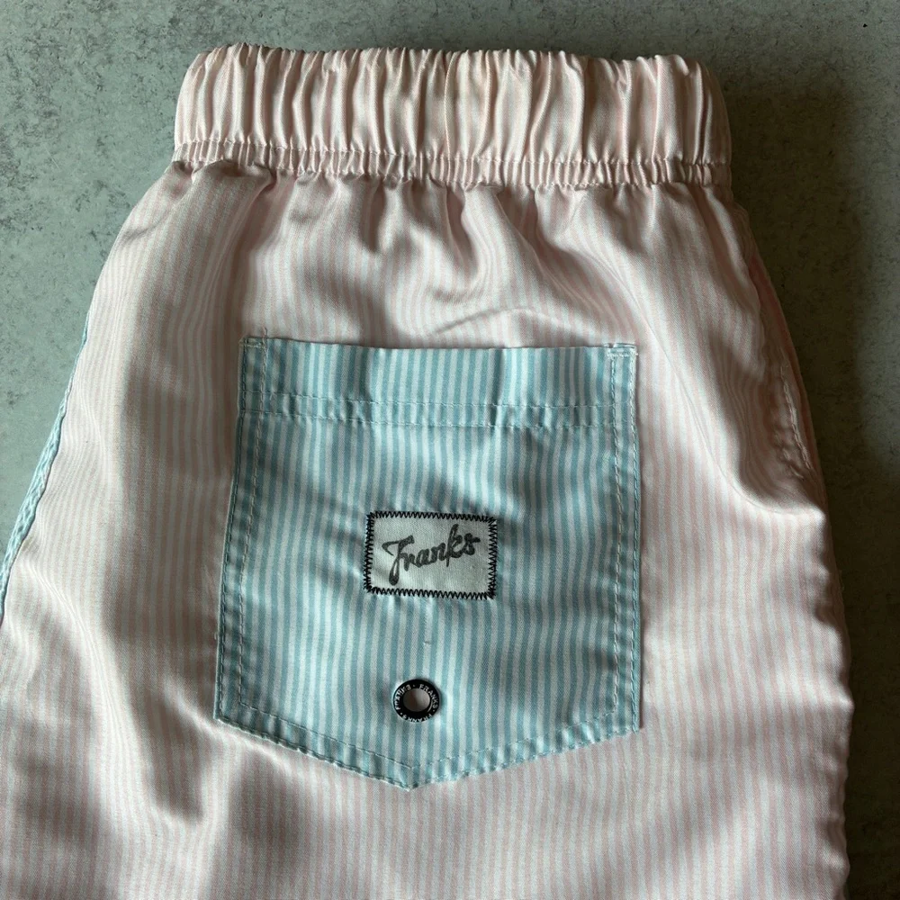 Franks Seersucker Swim Trunks Blue Pink Stripe Men’s Medium